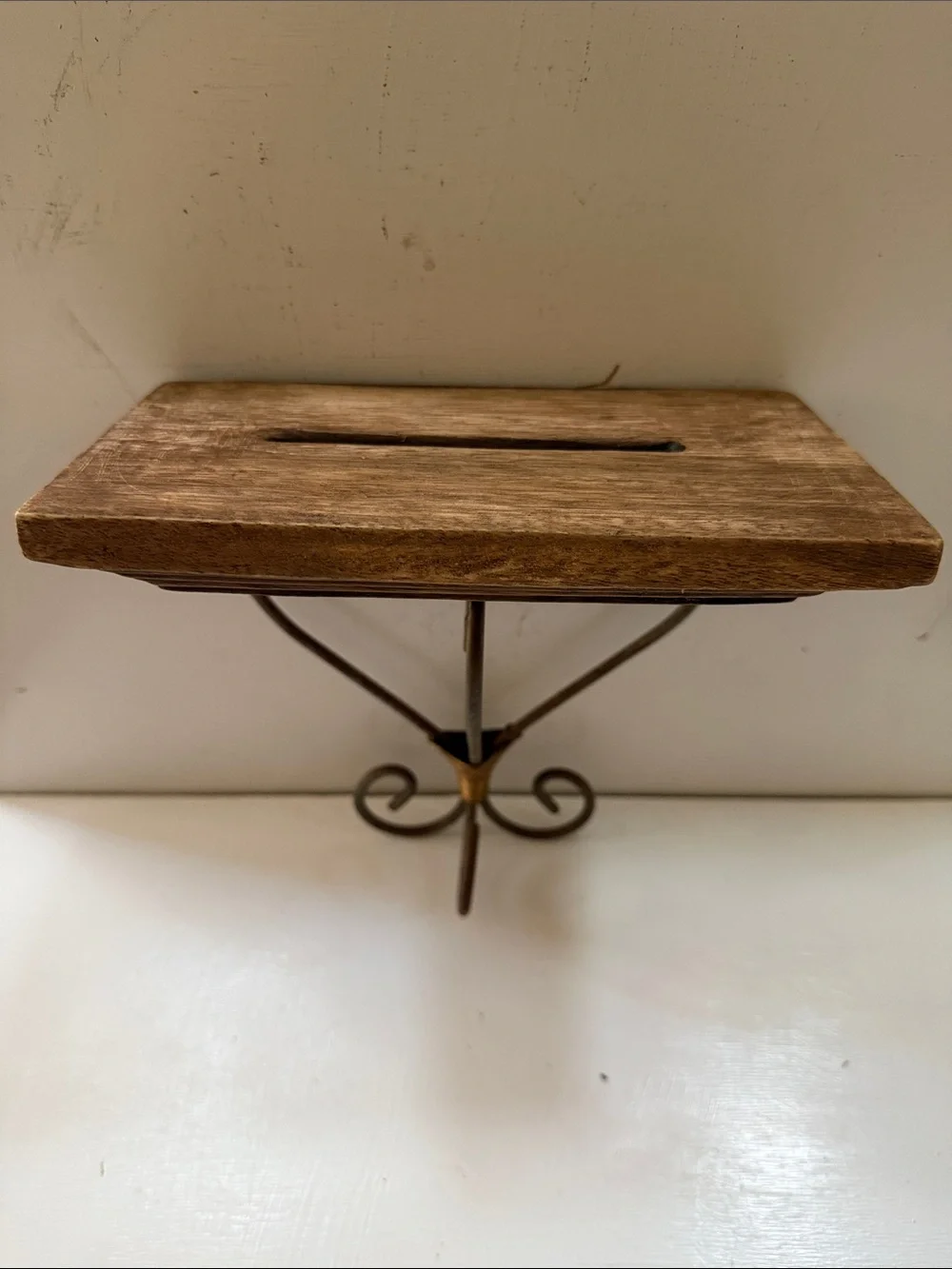 Brown Solid Wood and Metal Wall Shelf with Decorative Scroll Bracket Vintage